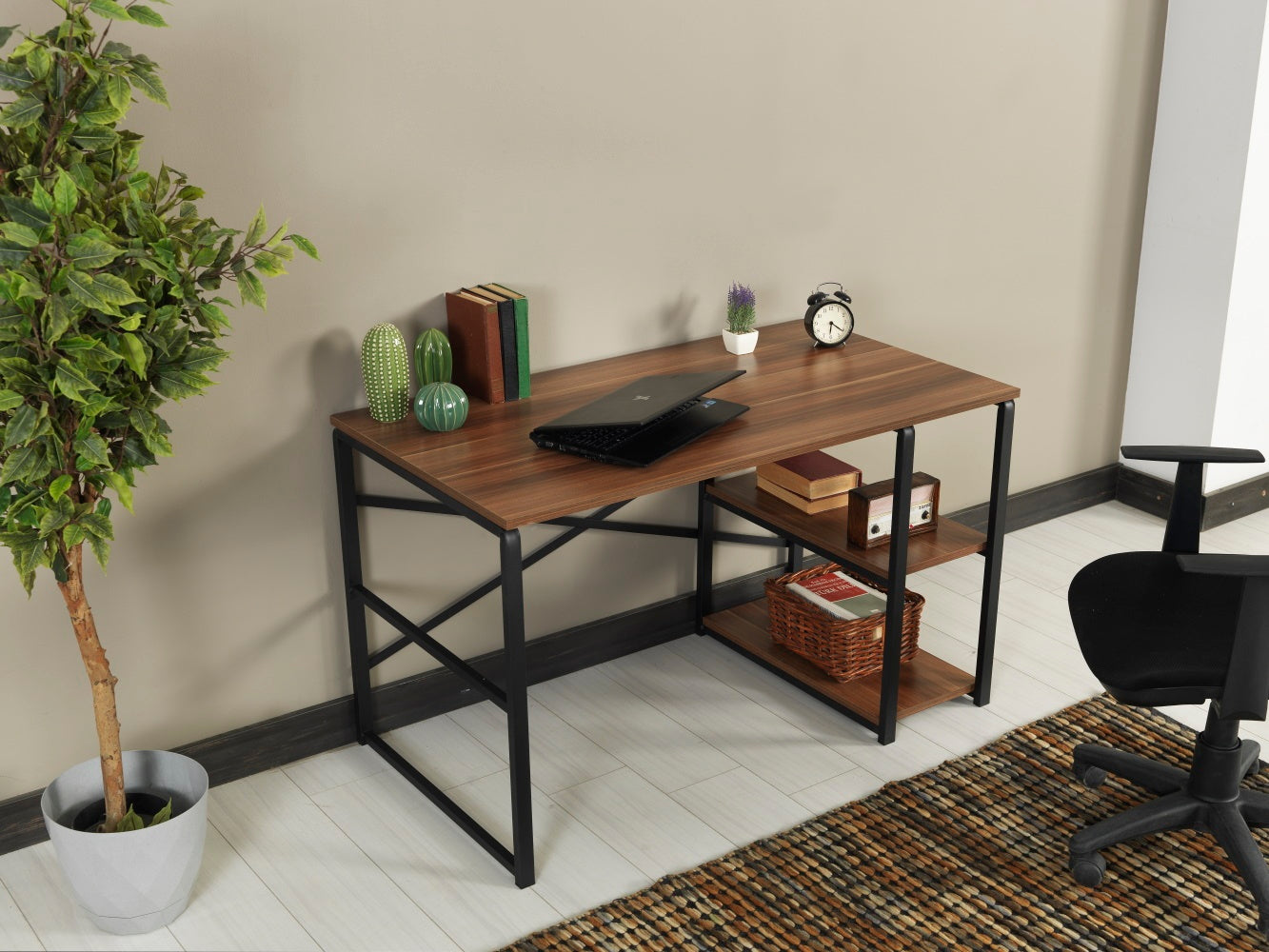 Furnish Home Store Sage Black Metal Frame 47" Wooden Top 2 Shelves Writing And Computer Desk For Home Office, Walnut Black Solid Wood