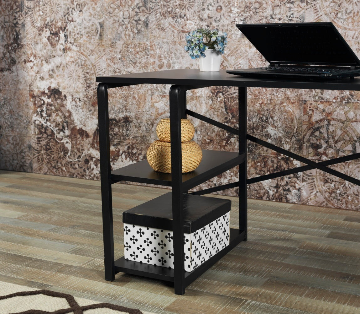 Furnish Home Store Sage Black Metal Frame 47" Wooden Top 2 Shelves Writing And Computer Desk For Home Office, Black Black Solid Wood