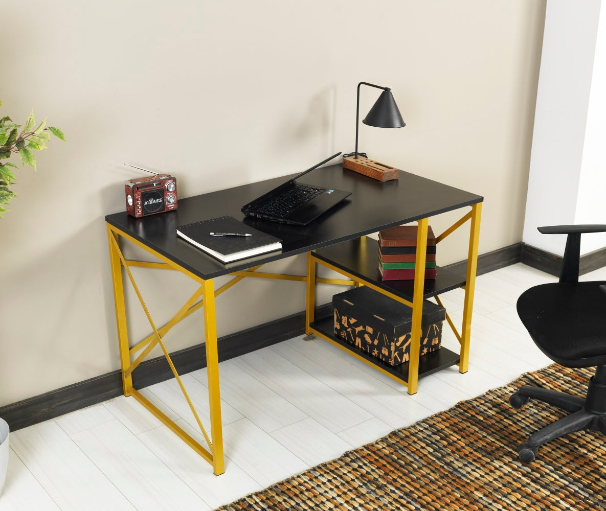 Furnish Home Store Morello Gold Metal Frame 47" Wooden Top 2 Shelves Writing And Computer Desk For Home Office, Black Black Solid Wood