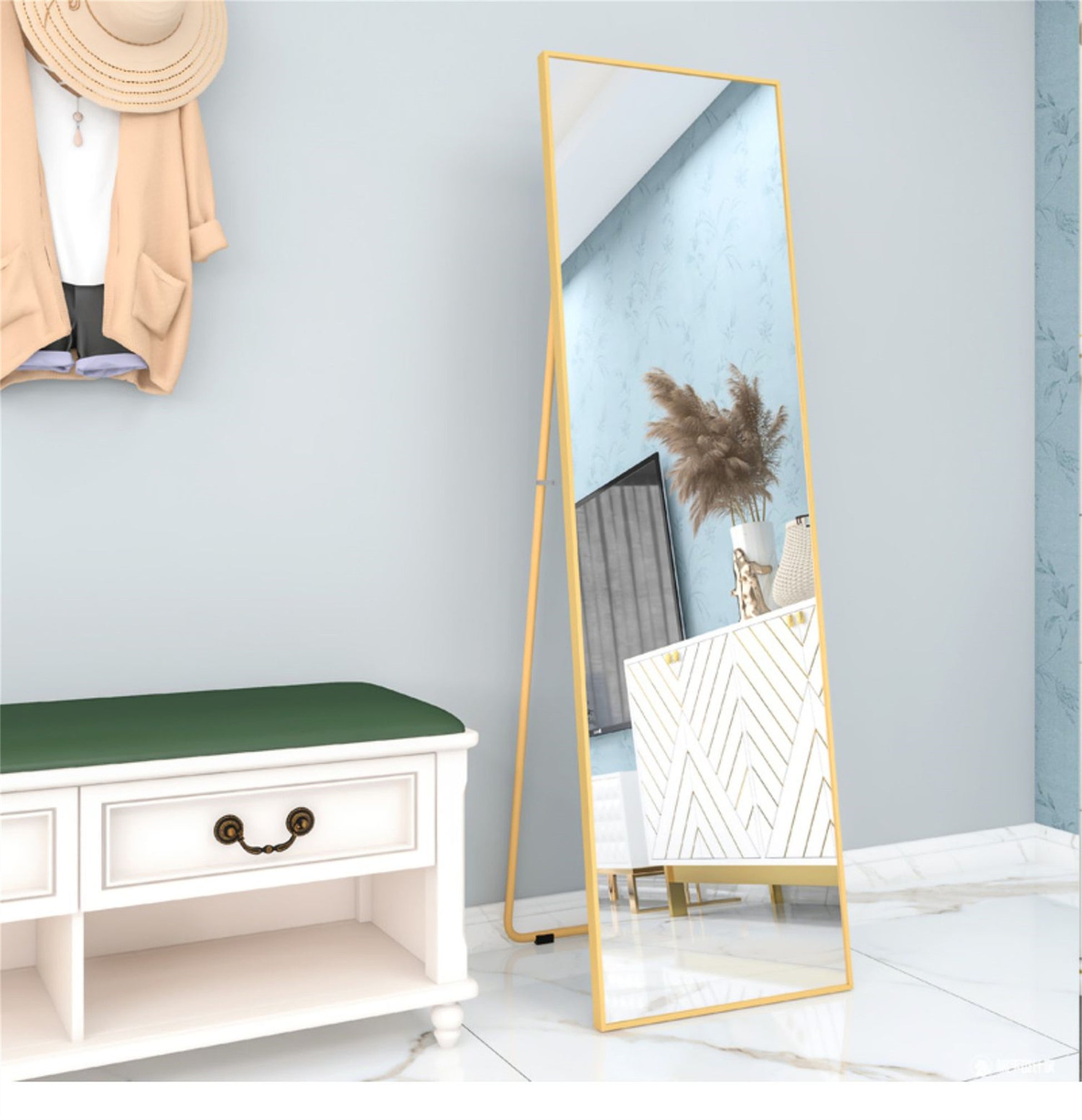 Wall Mounted Alloy Frame Full Length Mirror, Golden Golden Glass
