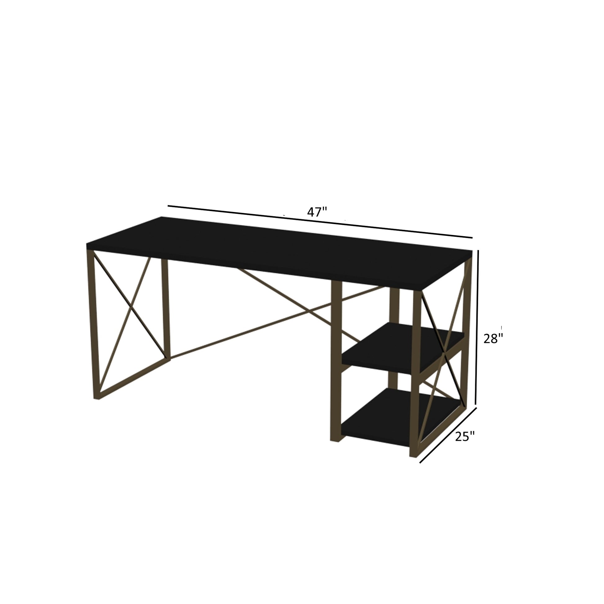 Furnish Home Store Morello Gold Metal Frame 47" Wooden Top 2 Shelves Writing And Computer Desk For Home Office, White Black Solid Wood