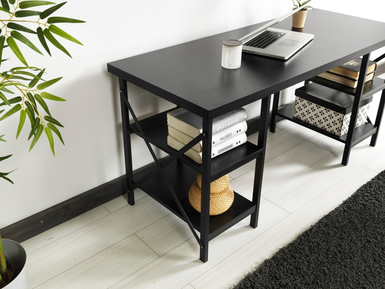 Furnish Home Store Buket Metal Frame 60" Extra Wide Wood Top 4 Shelves Writing And Computer Desk For Home Office, Black Black Solid Wood