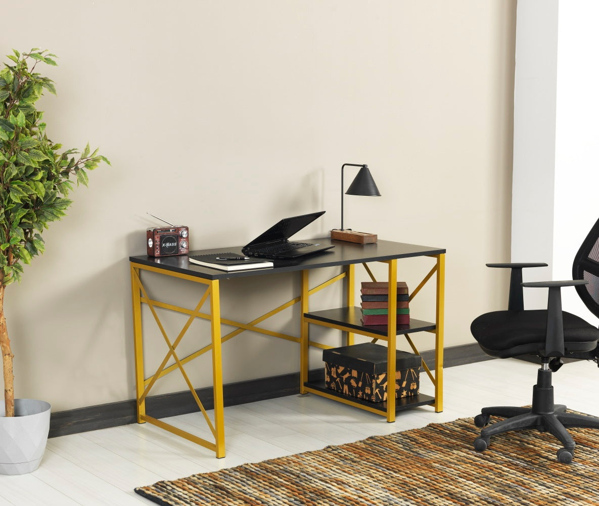 Furnish Home Store Morello Gold Metal Frame 47" Wooden Top 2 Shelves Writing And Computer Desk For Home Office, Black Black Solid Wood