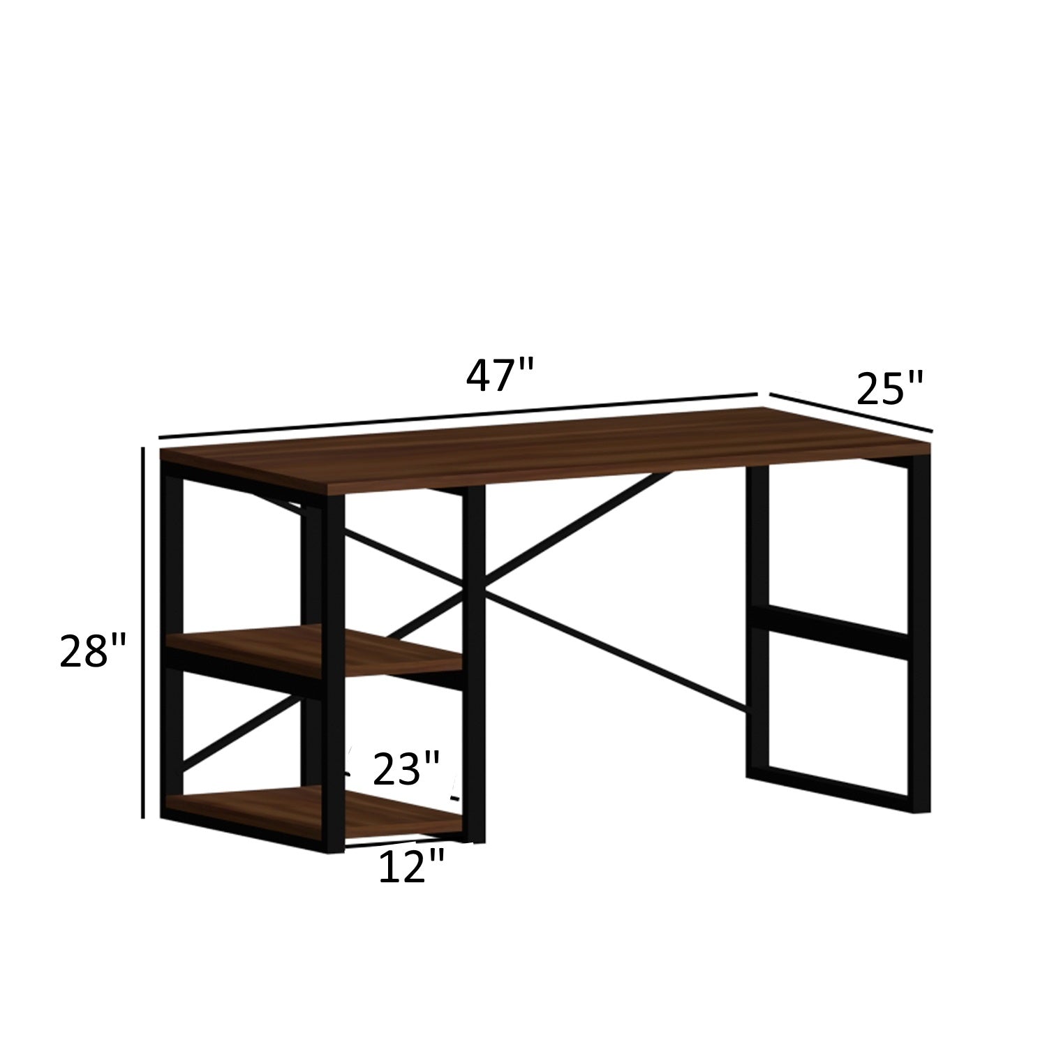 Furnish Home Store Sage Black Metal Frame 47" Wooden Top 2 Shelves Writing And Computer Desk For Home Office, Black Black Solid Wood