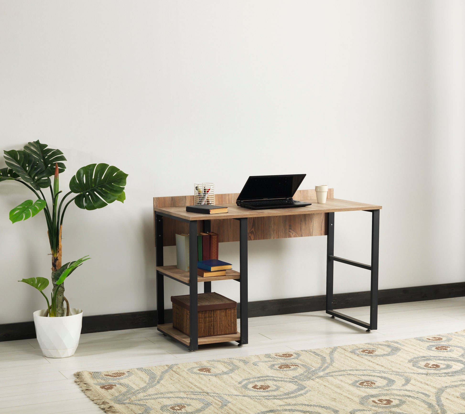 Furnish Home Store Rasse Black Metal Frame 58" Wooden Top 2 Shelves Writing And Computer Desk For Home Office, Oak Black Solid Wood