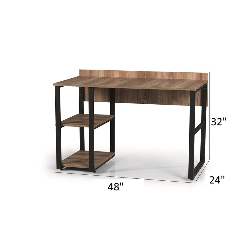 Furnish Home Store Rasse Black Metal Frame 58" Wooden Top 2 Shelves Writing And Computer Desk For Home Office, Oak Black Solid Wood