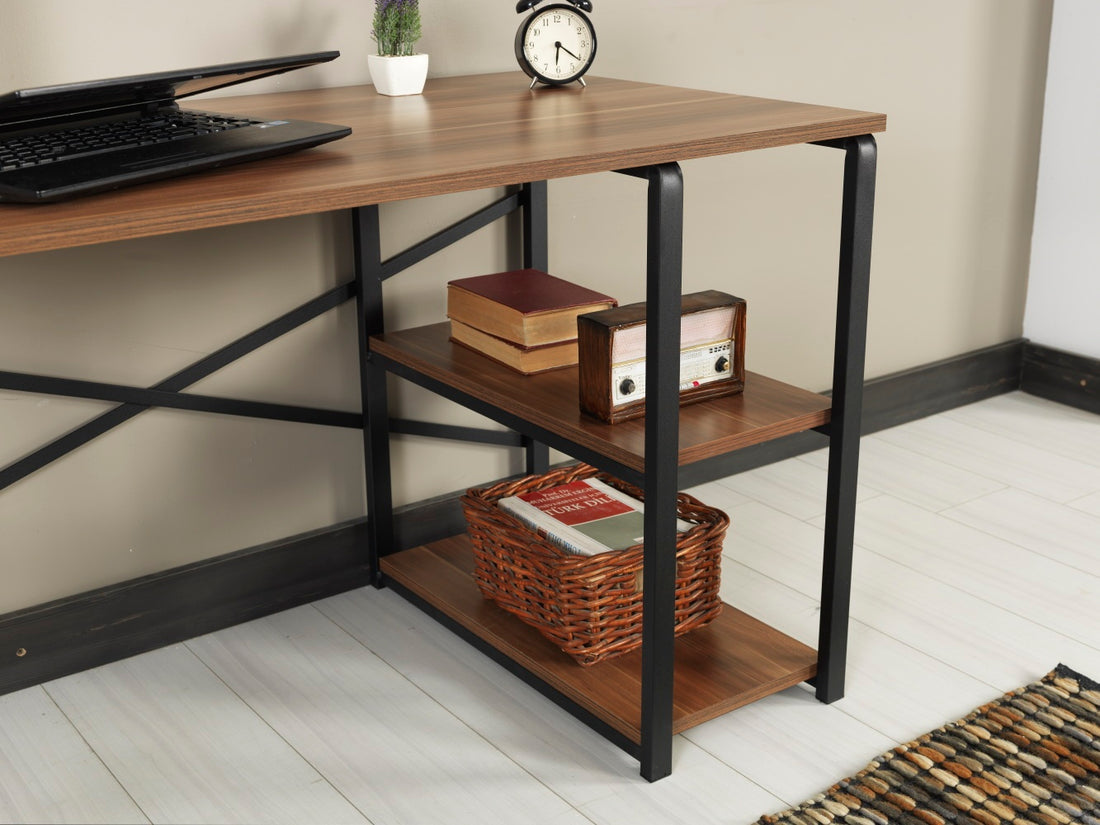 Furnish Home Store Sage Black Metal Frame 47" Wooden Top 2 Shelves Writing And Computer Desk For Home Office, Walnut Black Solid Wood