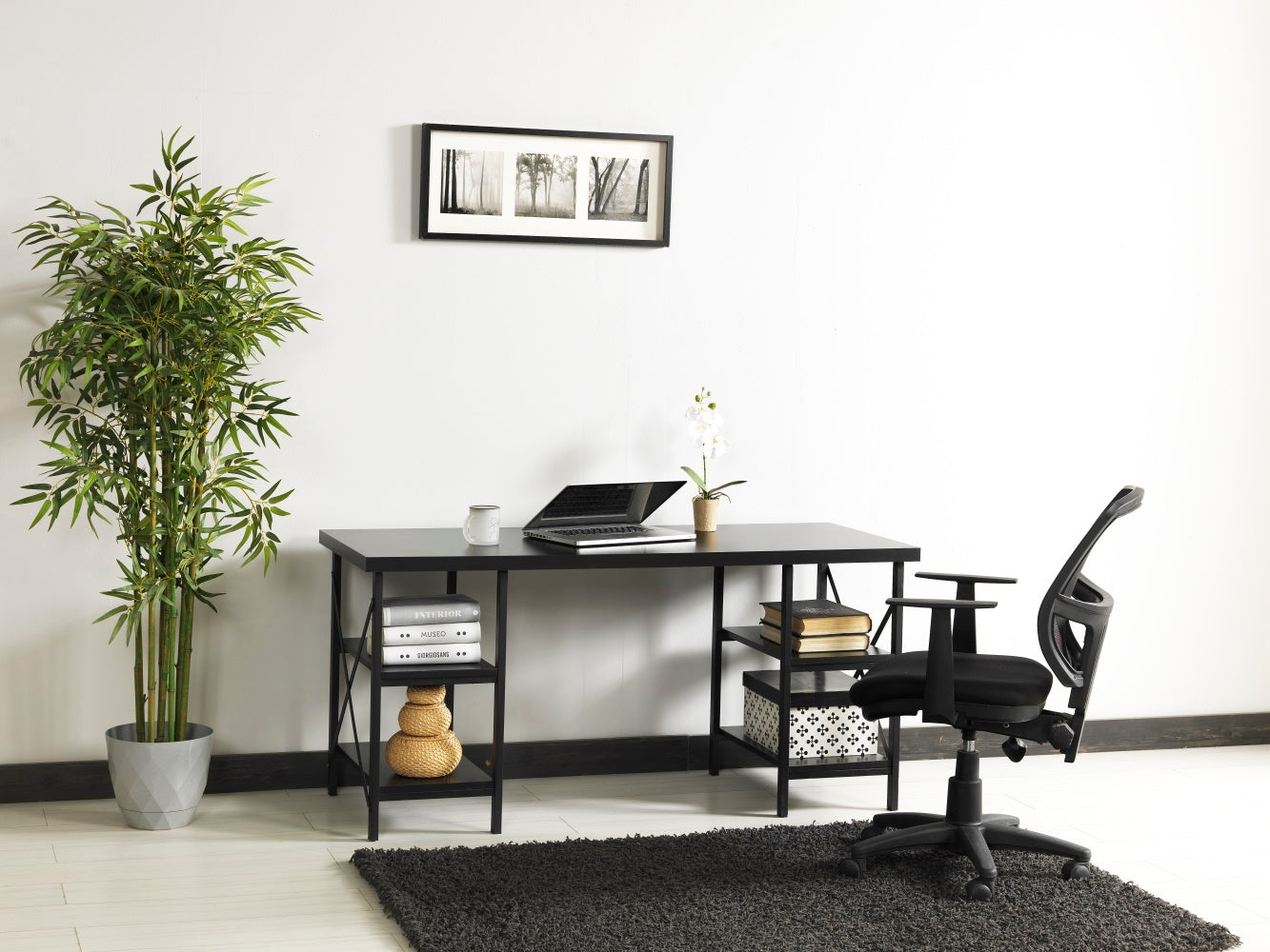 Furnish Home Store Buket Metal Frame 60" Extra Wide Wood Top 4 Shelves Writing And Computer Desk For Home Office, Black Black Solid Wood