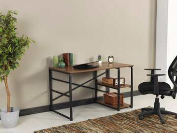 Furnish Home Store Sage Black Metal Frame 47" Wooden Top 2 Shelves Writing And Computer Desk For Home Office, Walnut Black Solid Wood