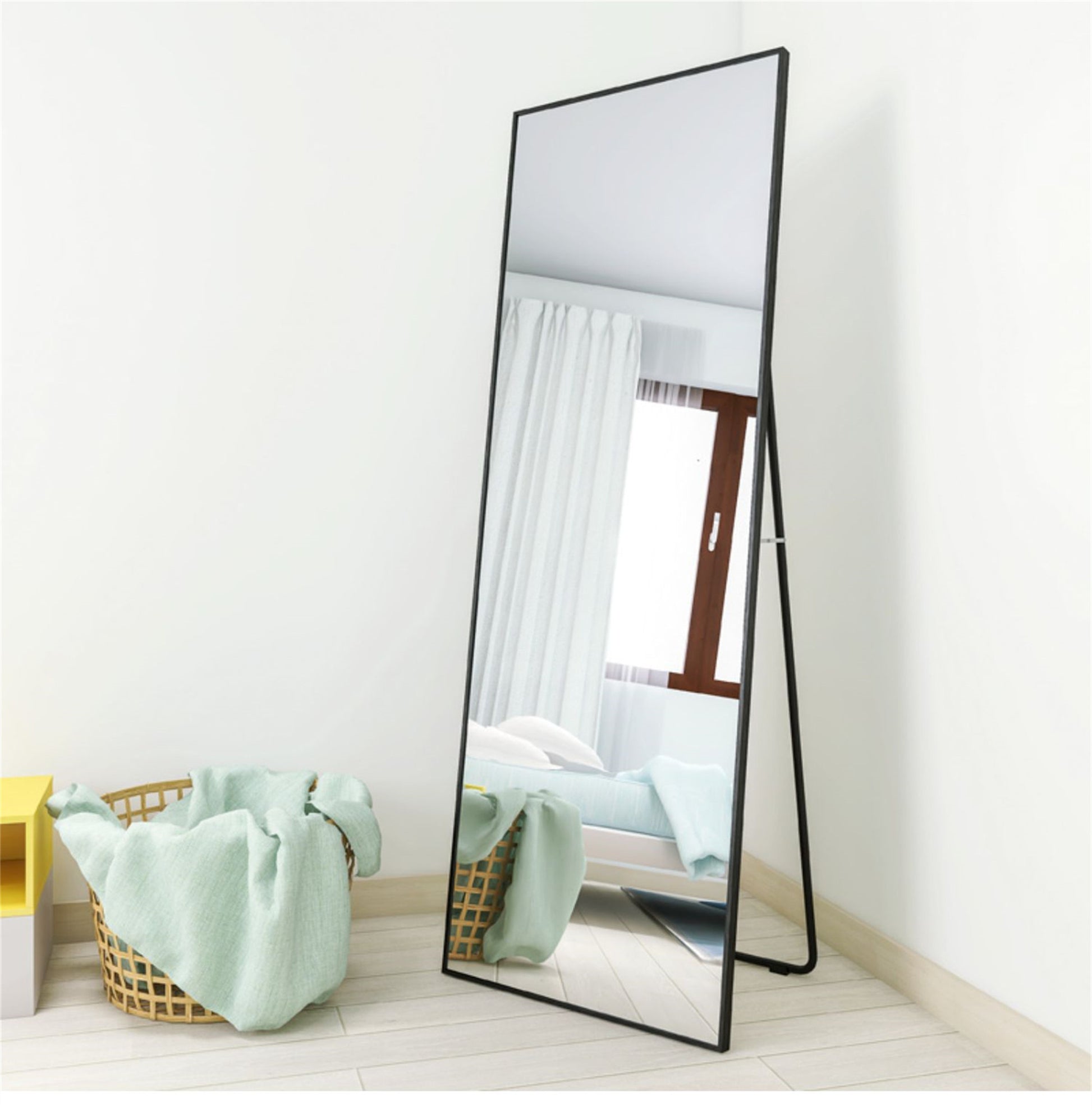 Wall Mounted Alloy Frame Full Length Mirror, Black Black Glass