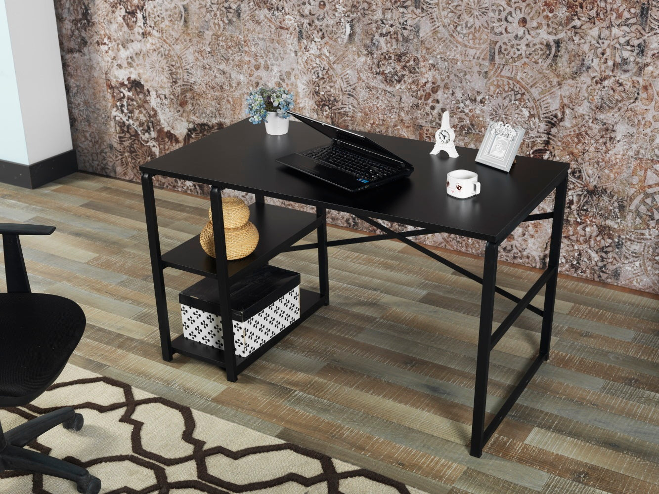 Furnish Home Store Sage Black Metal Frame 47" Wooden Top 2 Shelves Writing And Computer Desk For Home Office, Black Black Solid Wood