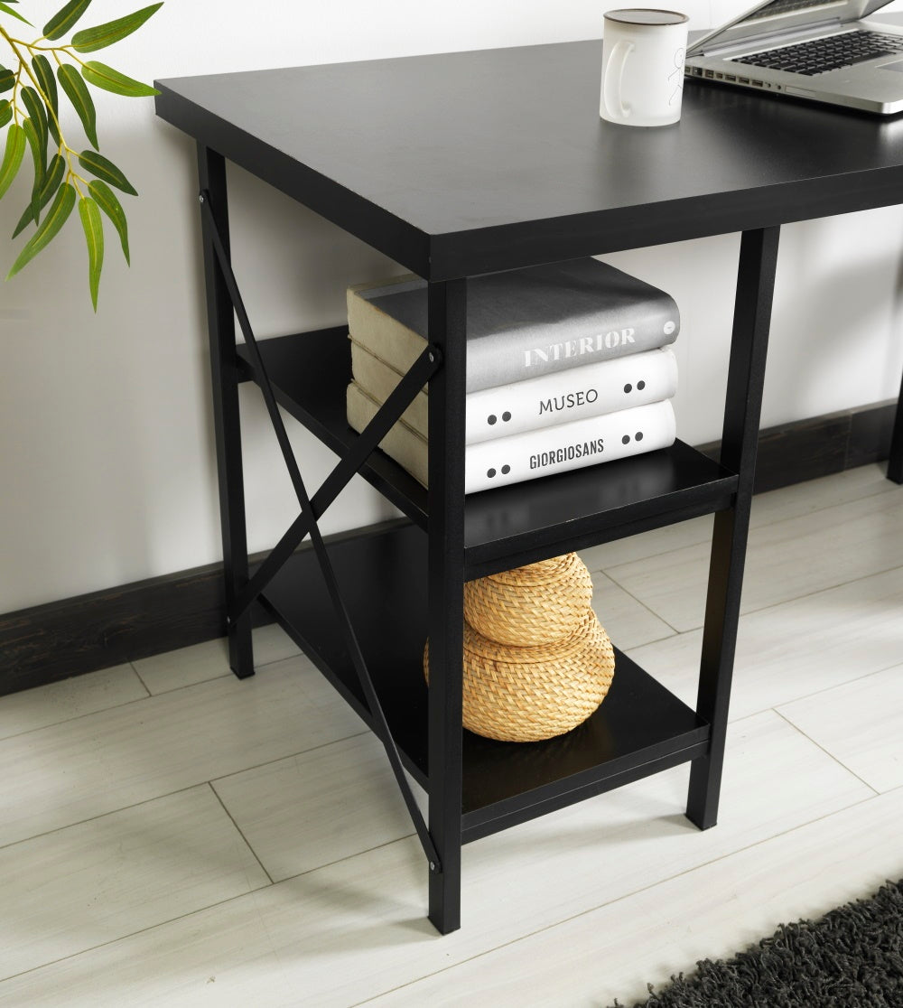 Furnish Home Store Buket Metal Frame 60" Extra Wide Wood Top 4 Shelves Writing And Computer Desk For Home Office, Black Black Solid Wood