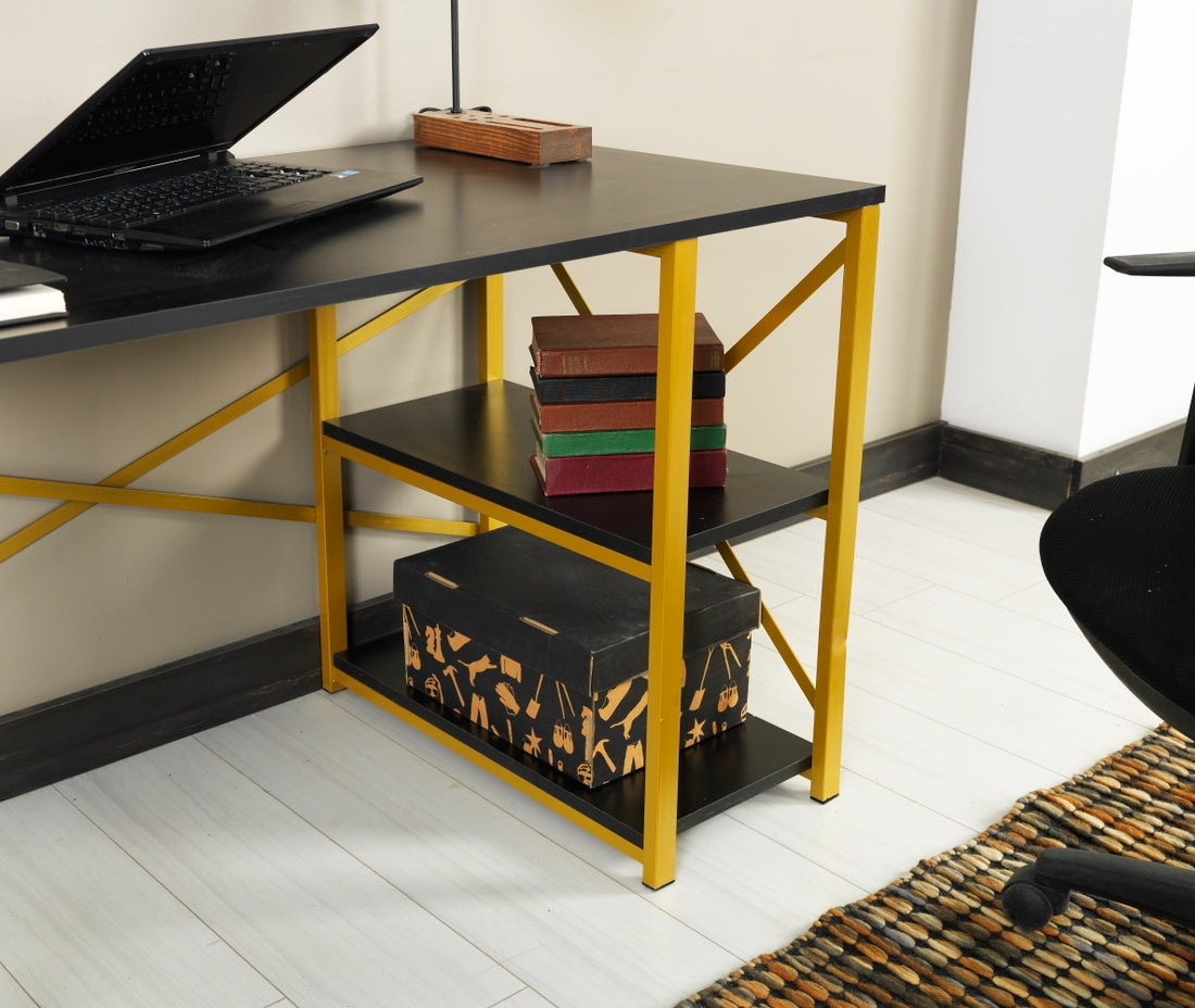 Furnish Home Store Morello Gold Metal Frame 47" Wooden Top 2 Shelves Writing And Computer Desk For Home Office, Black Black Solid Wood