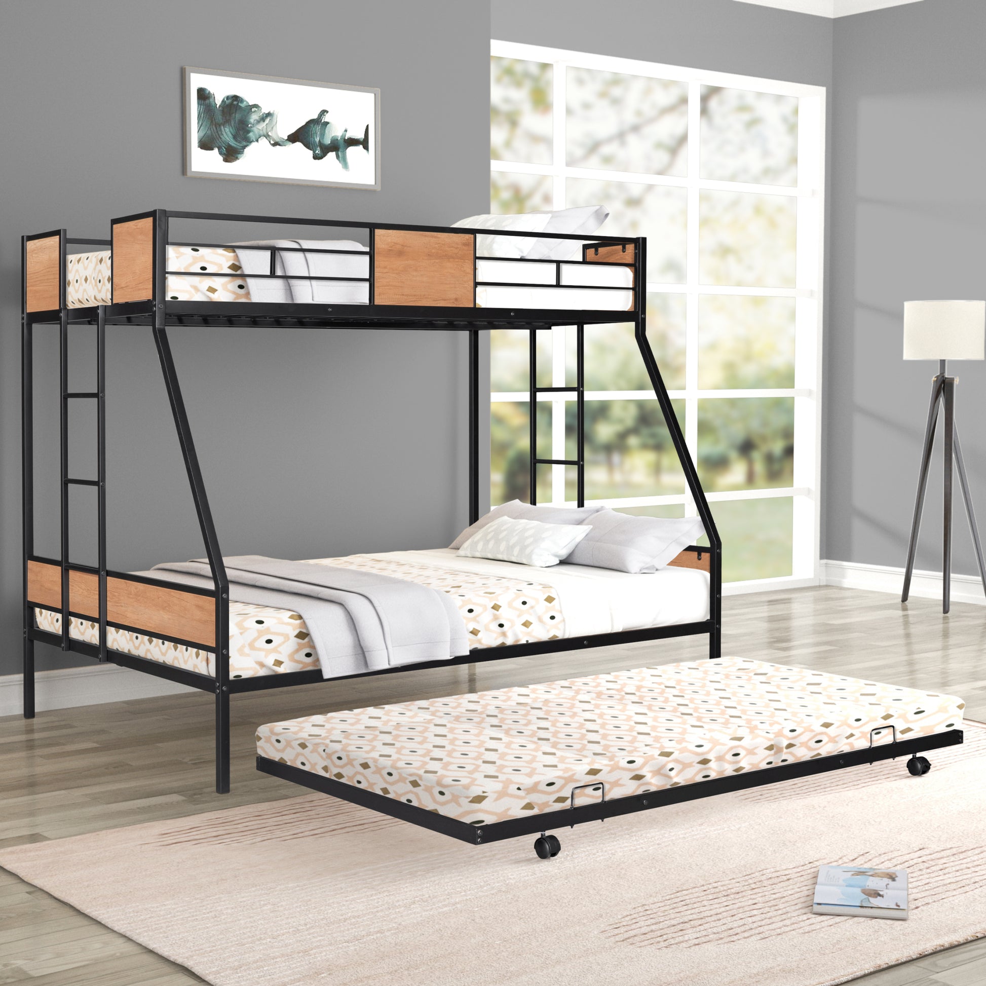 Metal Twin Over Full Bunk Bed With Trundle Heavy Duty Sturdy Metal Noise Reduced Safety Guardrail Wooden Decoration Convenient Trundle Bunk Bed For Three Cpc Certified No Box Spring Needed Black Metal