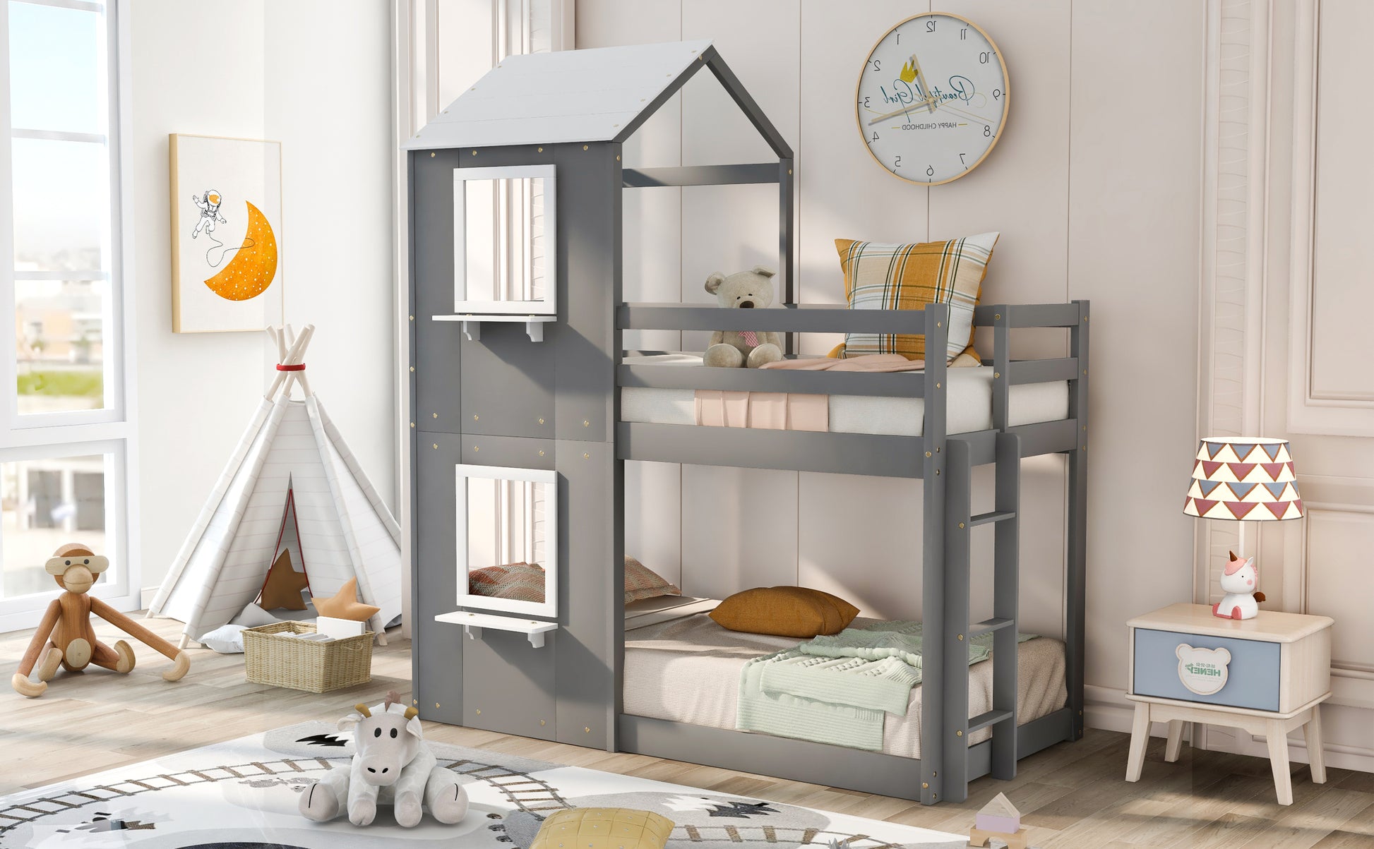 Twin Over Twin Bunk Bed Wood Bed With Roof, Window, Guardrail, Ladder White Grey Solid Wood