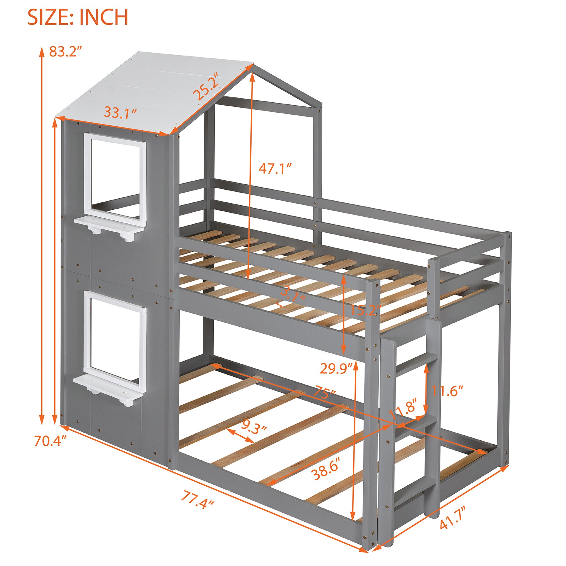 Twin Over Twin Bunk Bed Wood Bed With Roof, Window, Guardrail, Ladder White Grey Solid Wood