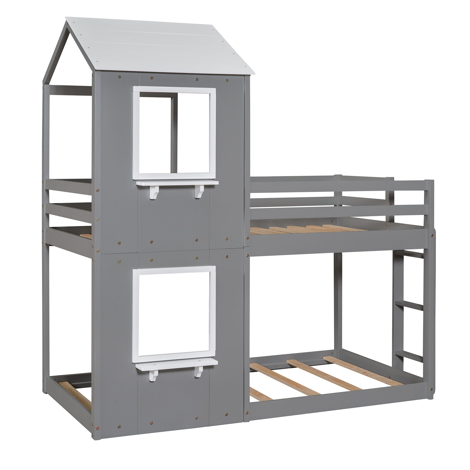 Twin Over Twin Bunk Bed Wood Bed With Roof, Window, Guardrail, Ladder White Grey Solid Wood