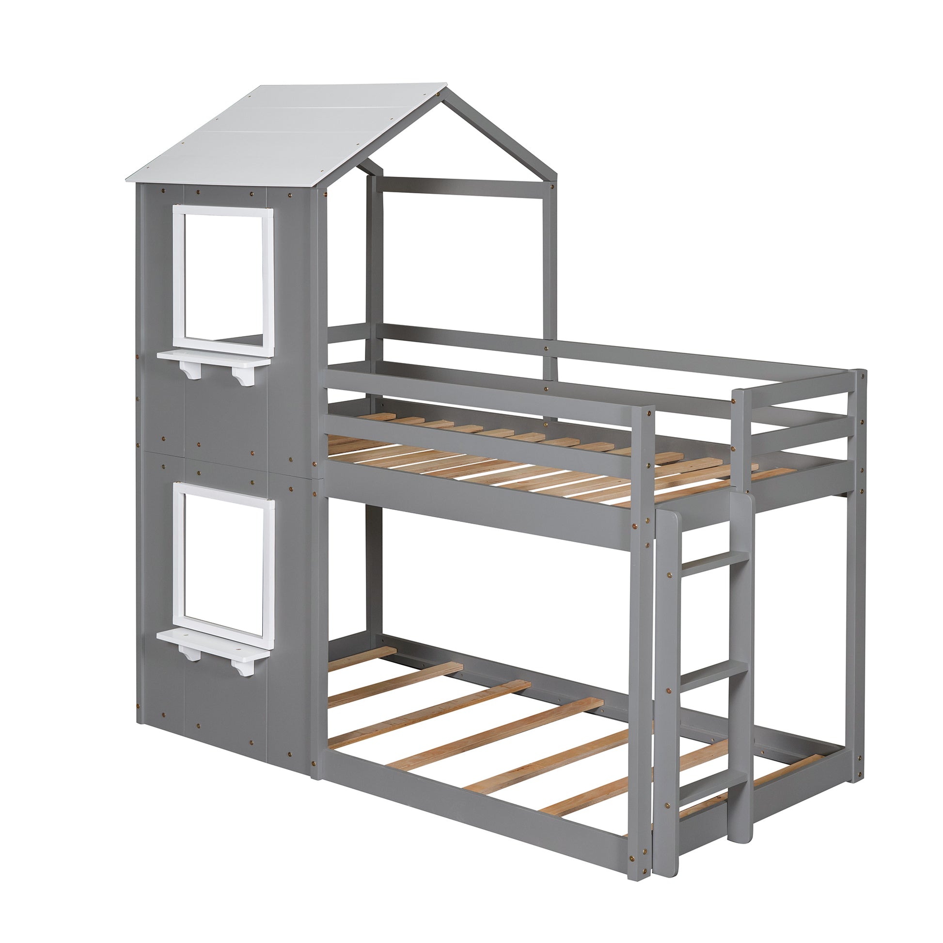 Twin Over Twin Bunk Bed Wood Bed With Roof, Window, Guardrail, Ladder White Grey Solid Wood