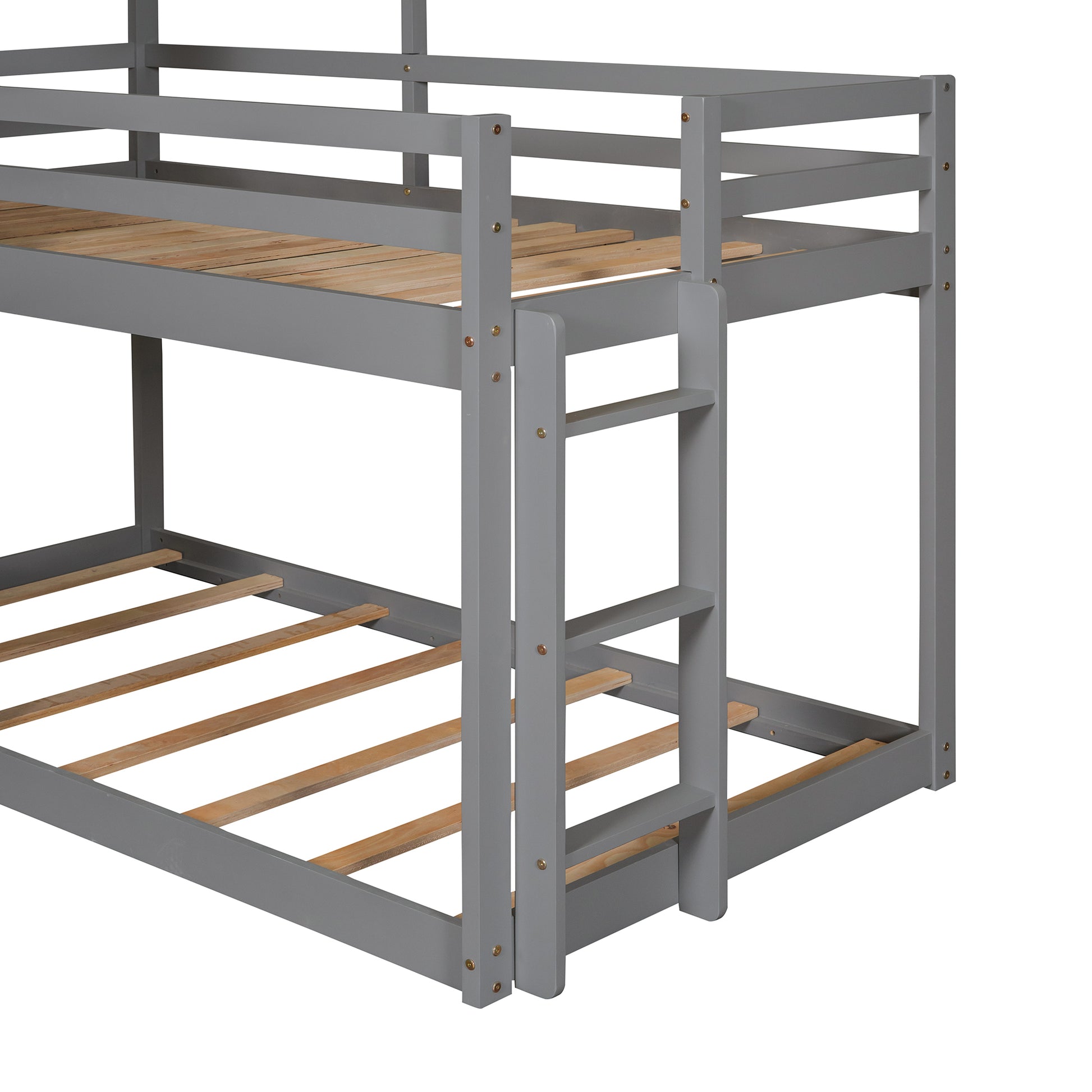 Twin Over Twin Bunk Bed Wood Bed With Roof, Window, Guardrail, Ladder White Grey Solid Wood