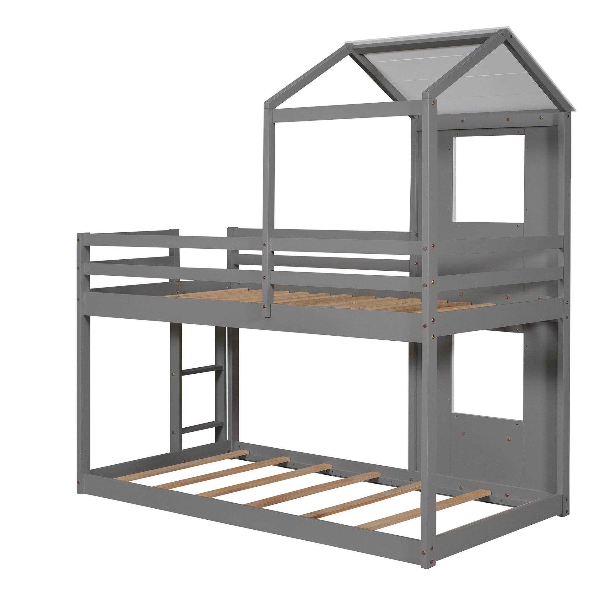 Twin Over Twin Bunk Bed Wood Bed With Roof, Window, Guardrail, Ladder White Grey Solid Wood