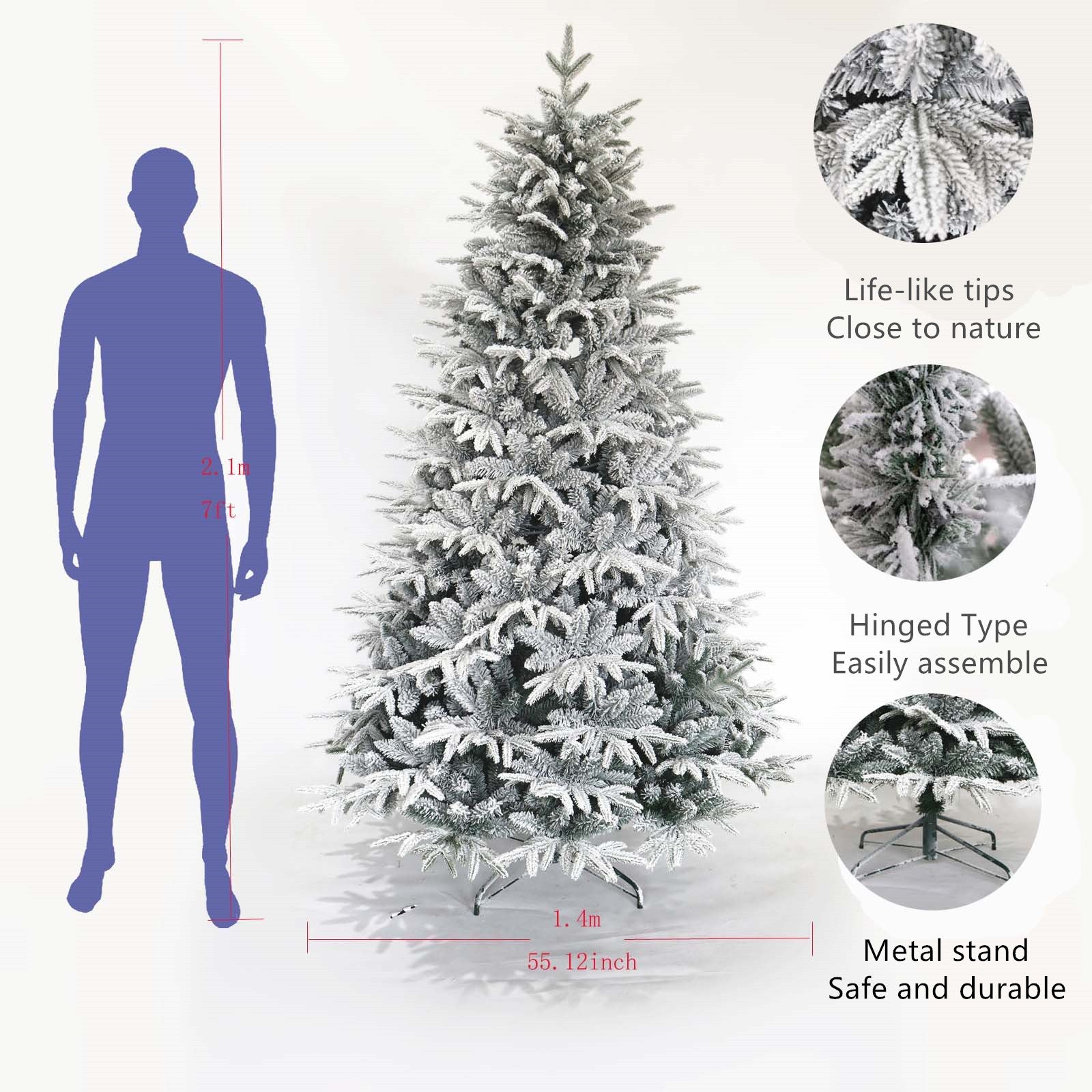 Snow Flocked Christmas Tree 7Ft Artificial Hinged Pine Tree With White Realistic Tips Unlit White Polyester