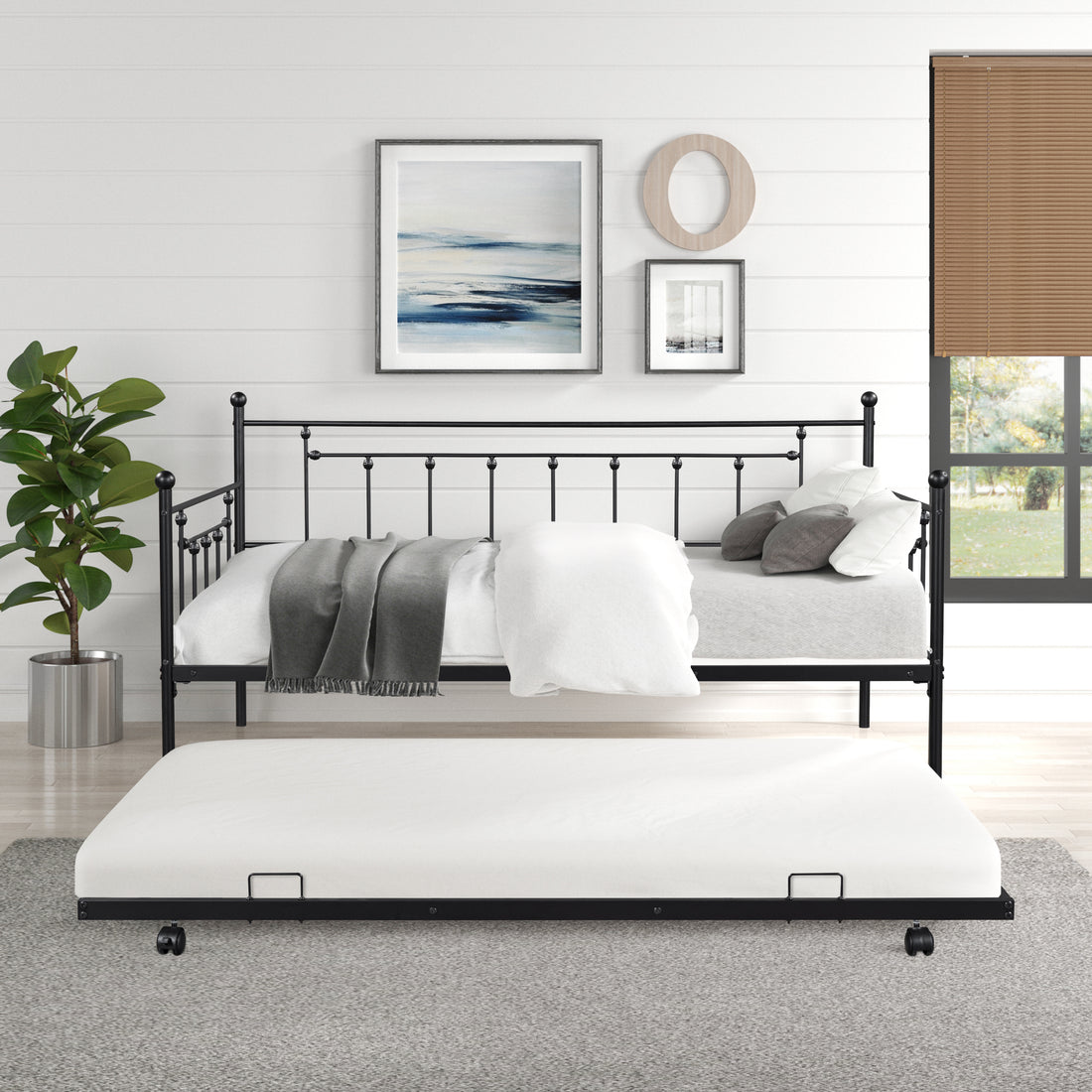 Metal Twin Daybed With Trundle Heavy Duty Sturdy Metal Noise Reduced Trundle For Flexible Space Vintage Style No Box Spring Needed Black Metal