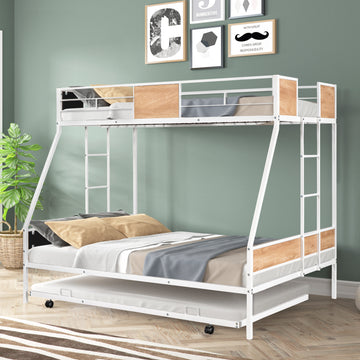 Metal Twin Over Full Bunk Bed With Trundle Heavy Duty Sturdy Metal Noise Reduced Safety Guardrail Wooden Decoration Convenient Trundle Bunk Bed For Three Cpc Certified No Box Spring Needed White Metal