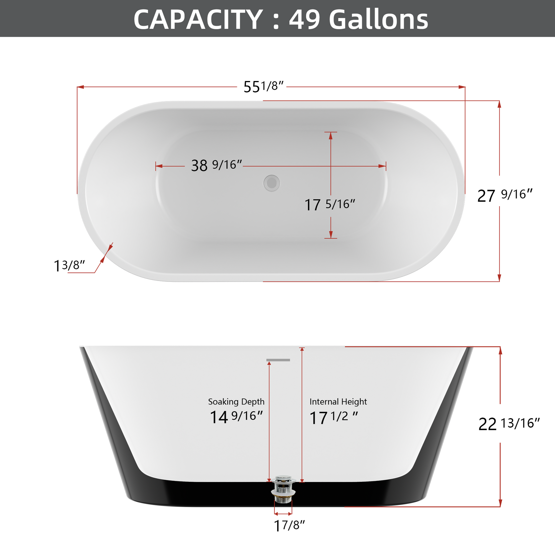 55" Acrylic Free Standing Tub Classic Oval Shape Soaking Tub, Adjustable Freestanding Bathtub With Integrated Slotted Overflow And Chrome Pop Up Drain Anti Clogging Gloss Black Black Oval Bathroom Freestanding Tubs Polished Less Than 59 In Modern Soaking