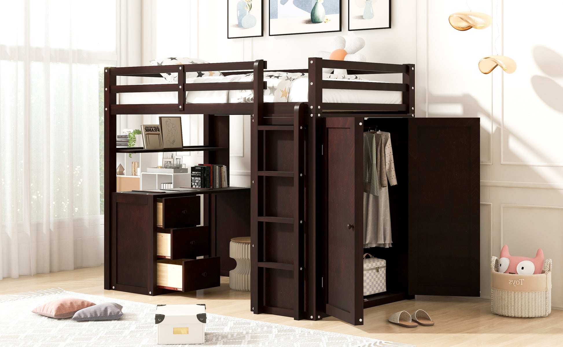 Twin Size Loft Bed With Drawers,Desk,And Wardrobe Espresso Espresso Solid Wood