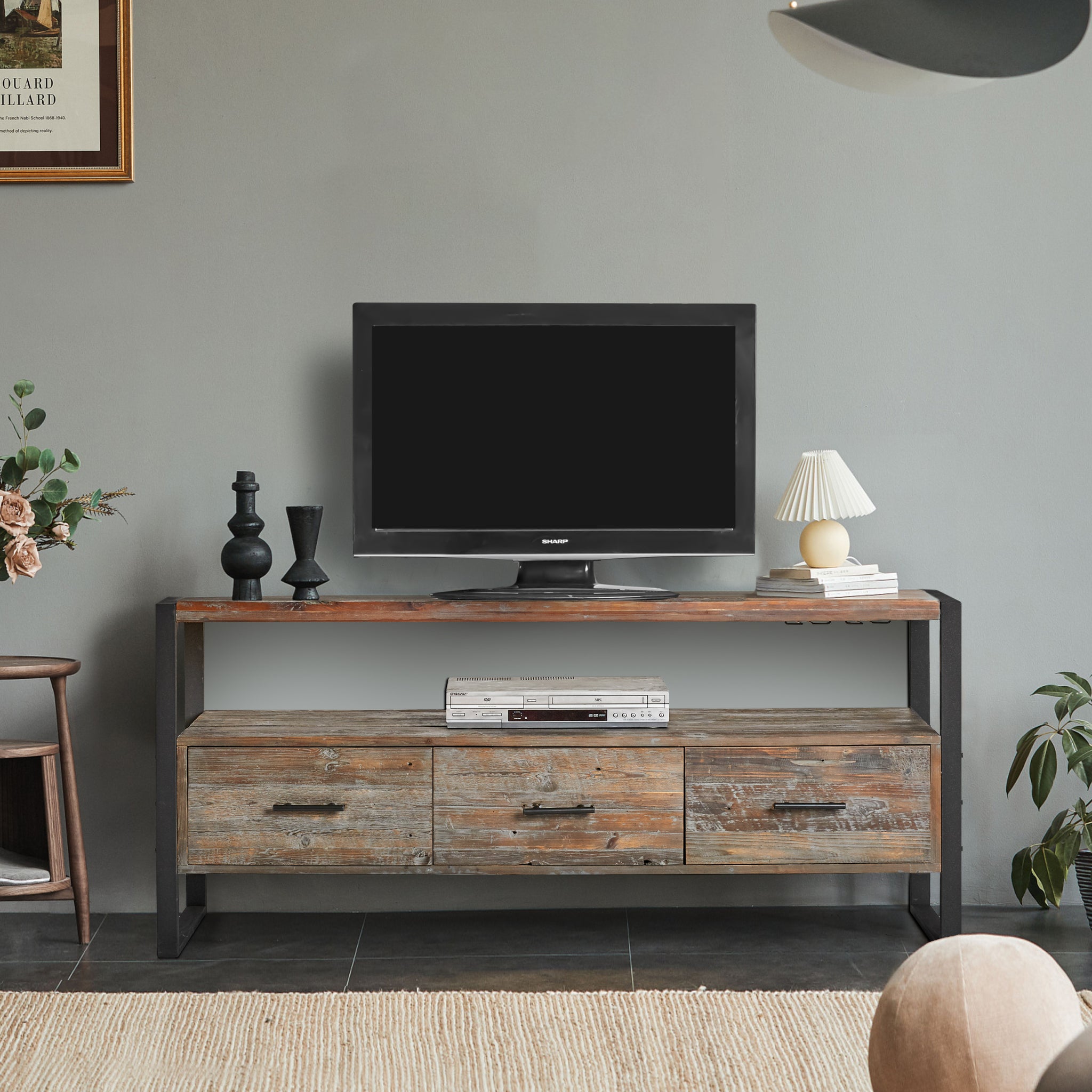 60 Inch Reclaimed Wood Media Tv Console Table With 3 Drarwer, Open Shelf, Antique Finish Antique Gray Solid Wood