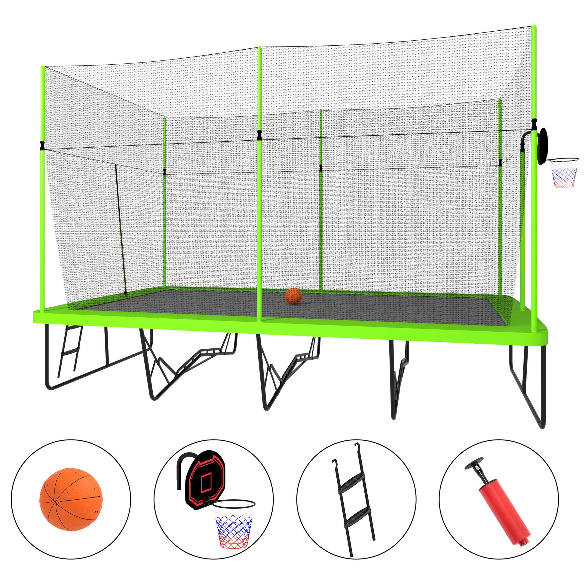 10Ft By 17Ft Rectangule Trampoline With Green Fabric Black Powder Coated Galvanized Steel Tubes With Basketball Hoop System Advanced Ladder Green Steel