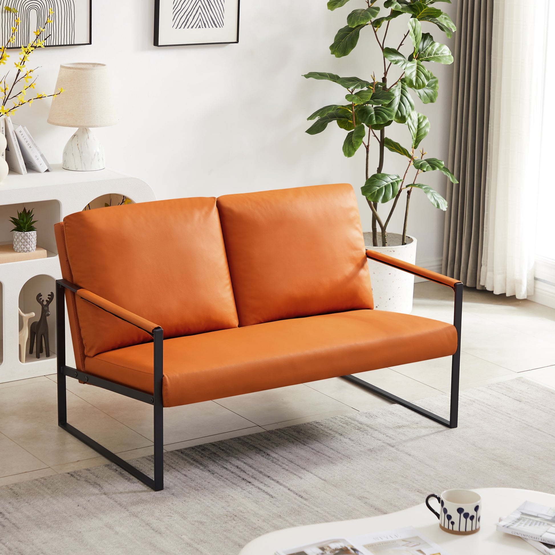 Lounge, Living Room, Office Or The Reception Area Pvc Leather Accent Arm Chair With Extra Thick Padded Backrest And Seat Cushion Sofa Chairs,Non Slip Adsorption Feet,Sturdy Metal Frame,Orange Orange Polyvinyl Chloride