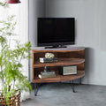 Fan Shape Reclaimed Wood Corner Media Table For Living Room Wise Use Your Space Natural Solid Wood