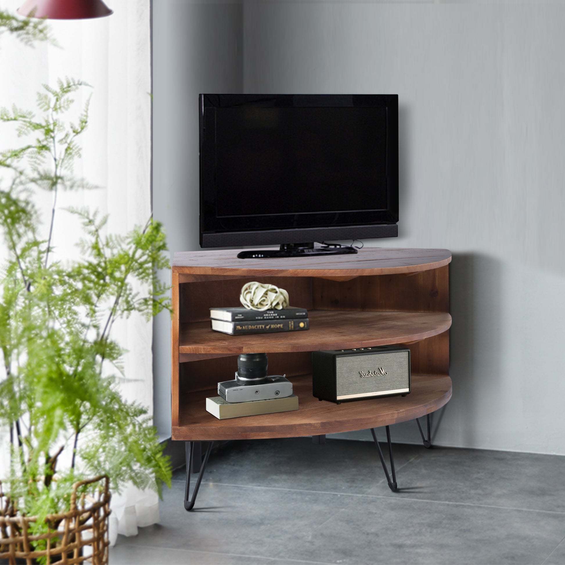Fan Shape Reclaimed Wood Corner Media Table For Living Room Wise Use Your Space Natural Solid Wood