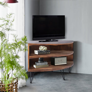 Fan Shape Reclaimed Wood Corner Media Table For Living Room Wise Use Your Space Natural Solid Wood