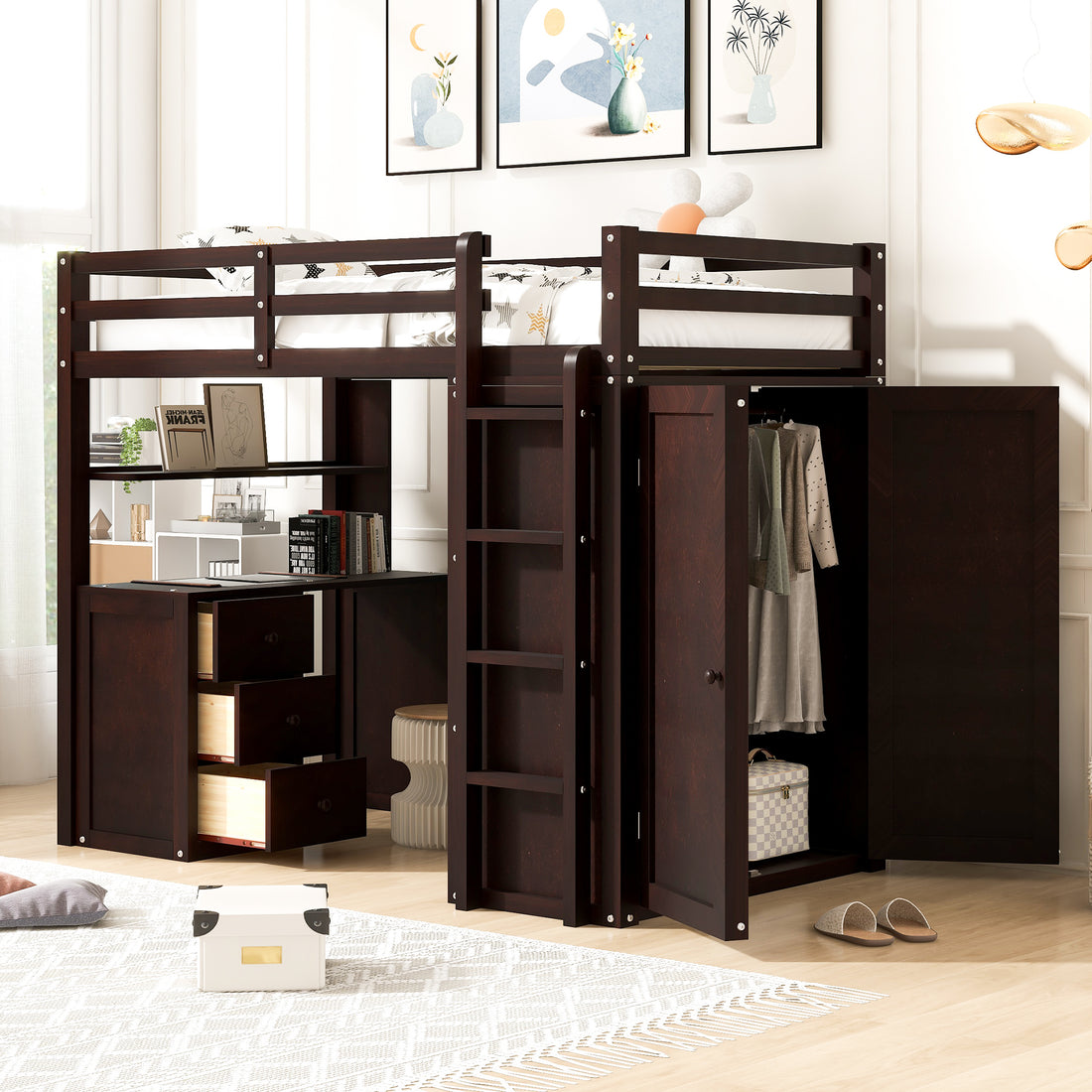 Twin Size Loft Bed With Drawers,Desk,And Wardrobe Espresso Espresso Solid Wood