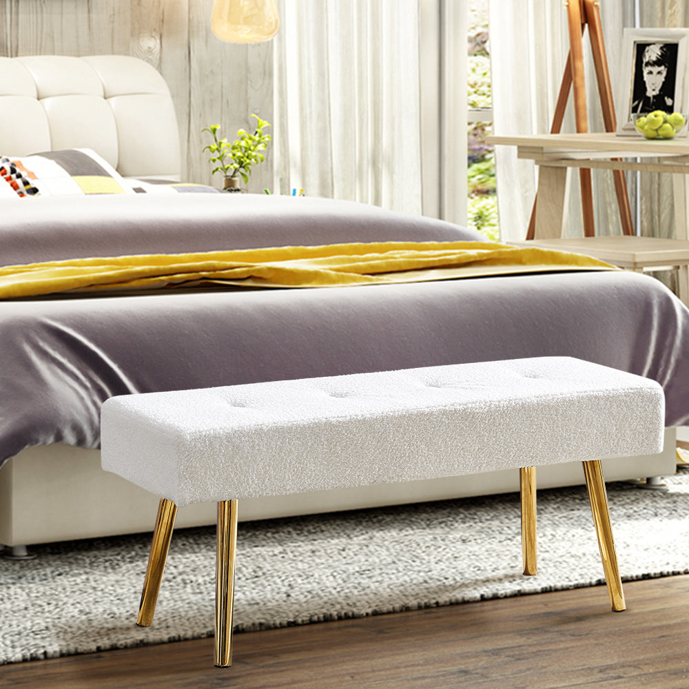 Long Bench Bedroom Bed End Stool Bed Benches White Teddy Fabric With Gold Legs Cream White Primary Living Space Rectangular Modern Foam Fabric