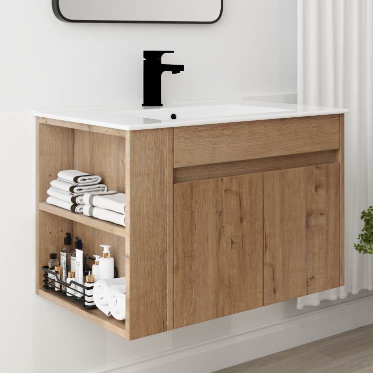 30 Inch Bathroom Vanity With Open Shelf, Kd Packing Only Vanity, Without Basin Imitative Oak 2 1 Soft Close Doors Bathroom Wall Mounted Modern Plywood Plywood