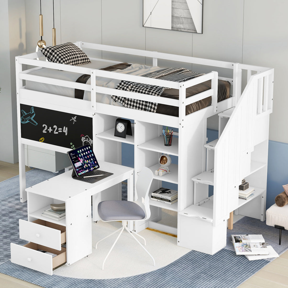 Twin Size Loft Bed With Pullable Desk And Storage Shelves,Staircase And Blackboard,White White Pine