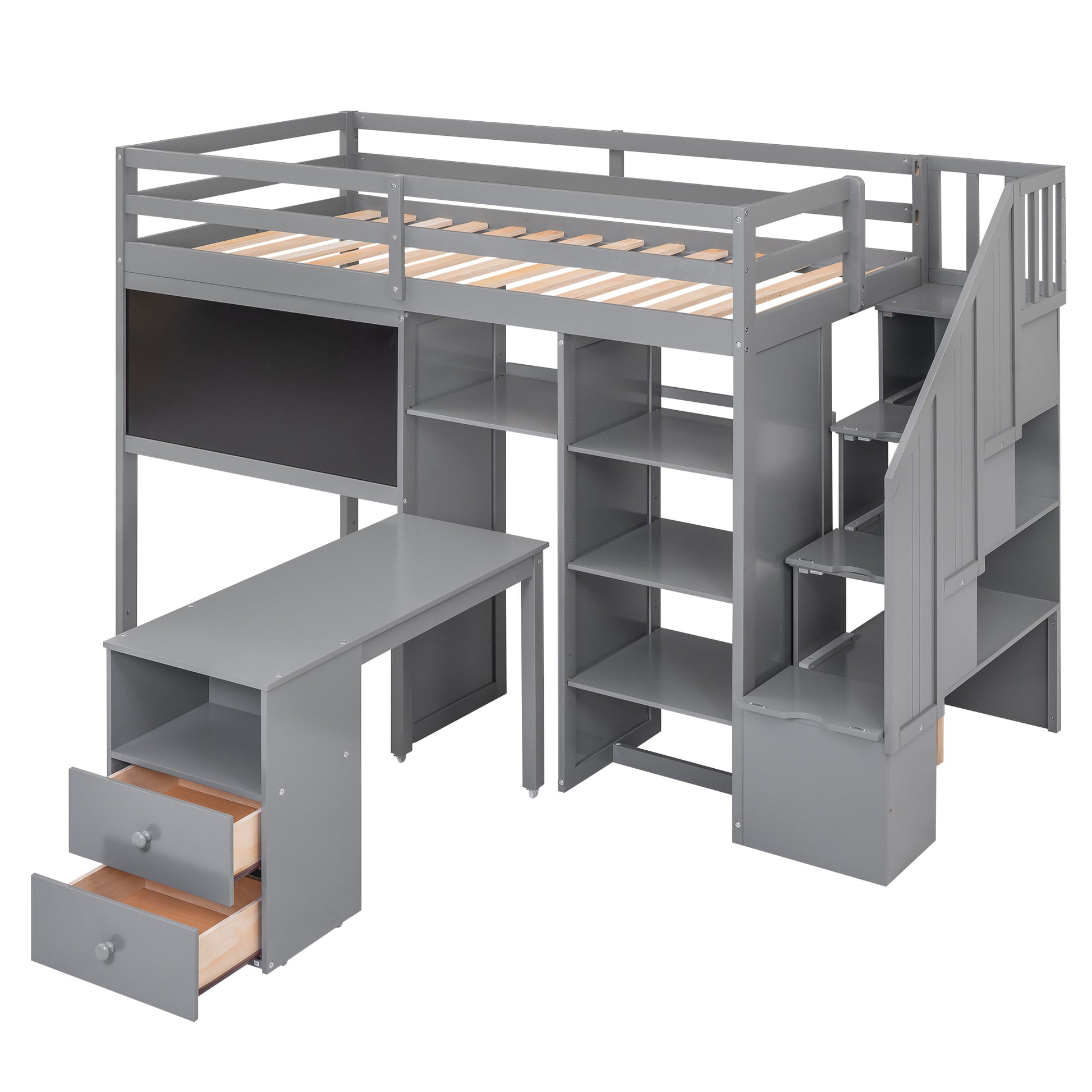 Twin Size Loft Bed With Pullable Desk And Storage Shelves,Staircase And Blackboard,Gray Gray Pine