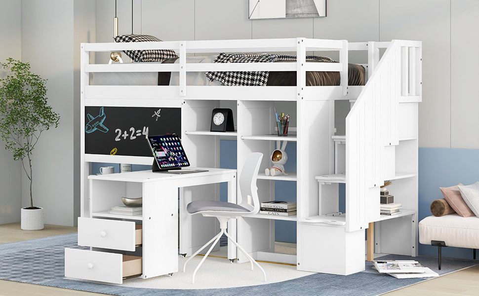 Twin Size Loft Bed With Pullable Desk And Storage Shelves,Staircase And Blackboard,White White Pine