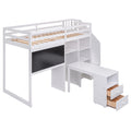 Twin Size Loft Bed With Pullable Desk And Storage Shelves,Staircase And Blackboard,White White Pine