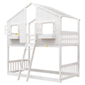 Twin Over Twin House Bunk Bed With Roofwindow, Window Box, Doorwith Safety Guardrails And Ladder,White Twin White Pine