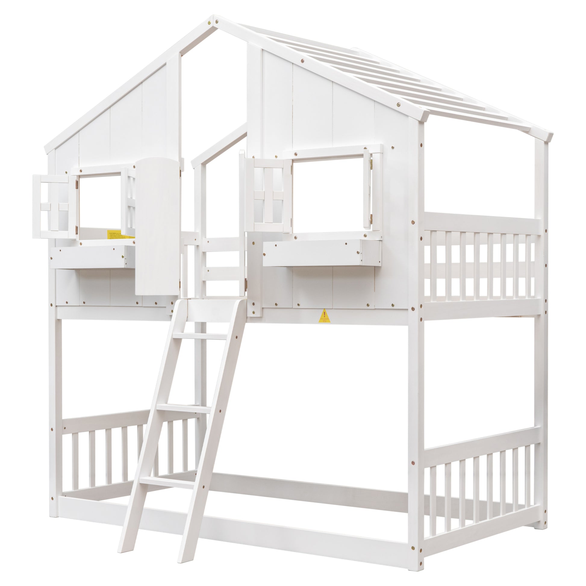 Twin Over Twin House Bunk Bed With Roofwindow, Window Box, Doorwith Safety Guardrails And Ladder,White Twin White Pine