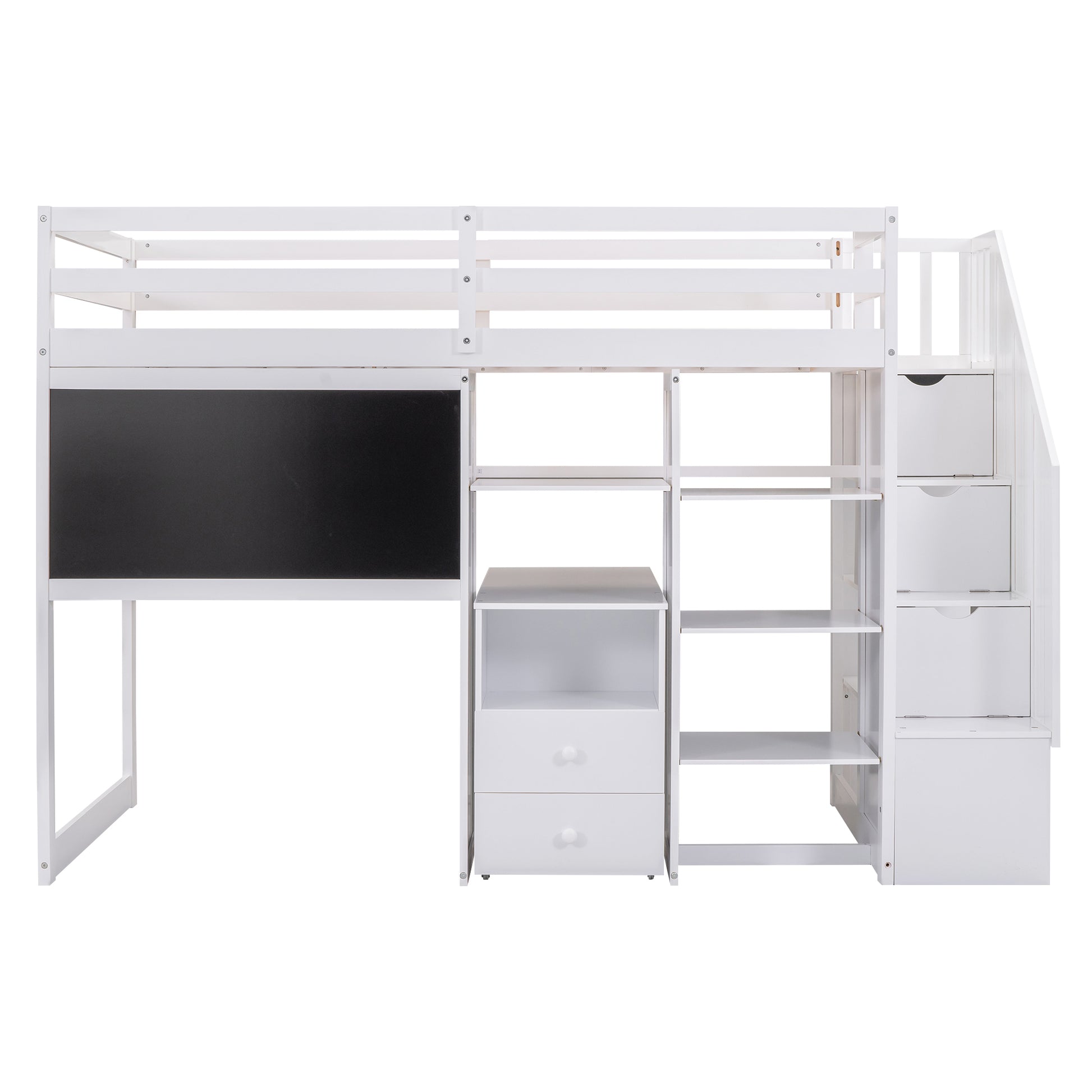 Twin Size Loft Bed With Pullable Desk And Storage Shelves,Staircase And Blackboard,White White Pine