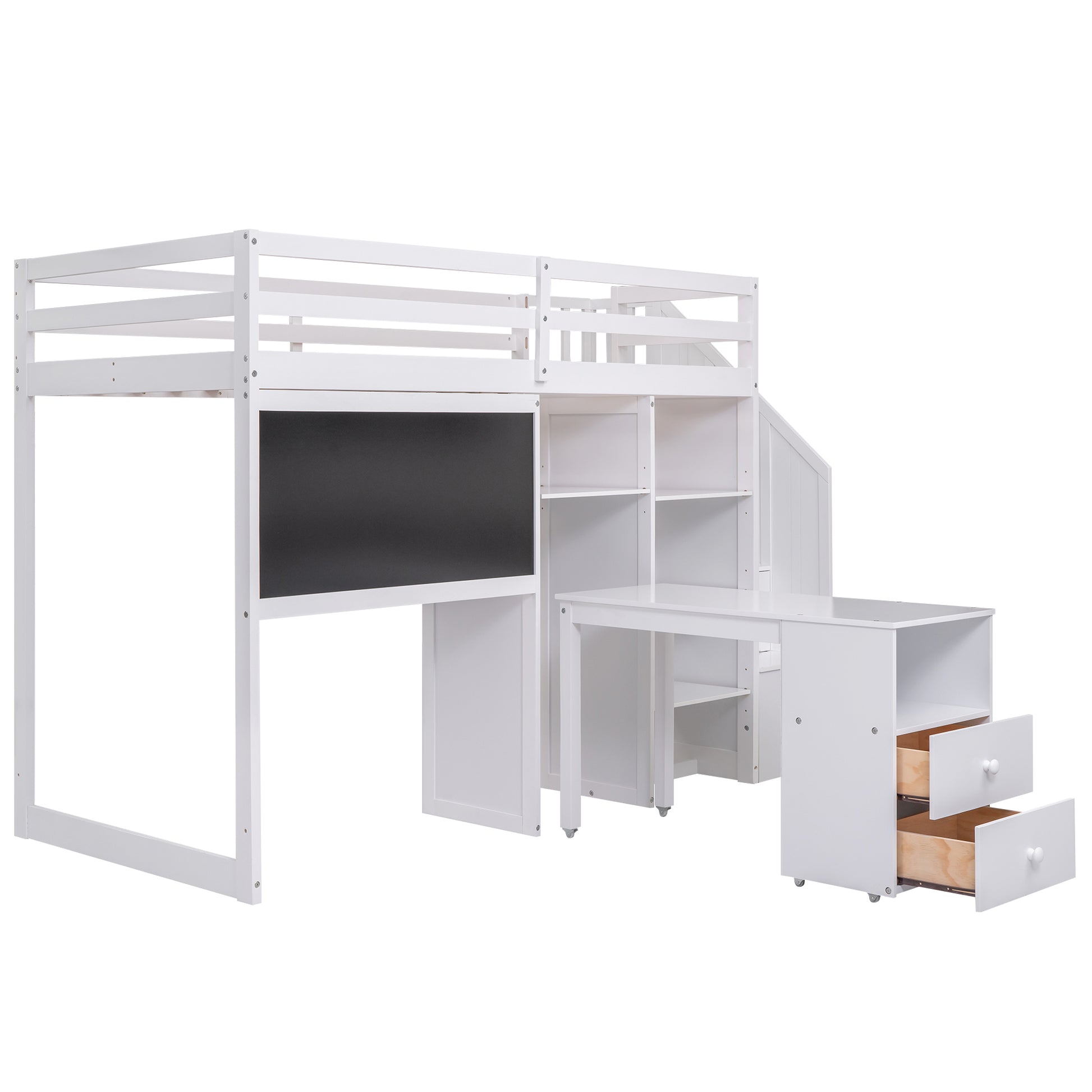 Twin Size Loft Bed With Pullable Desk And Storage Shelves,Staircase And Blackboard,White White Pine