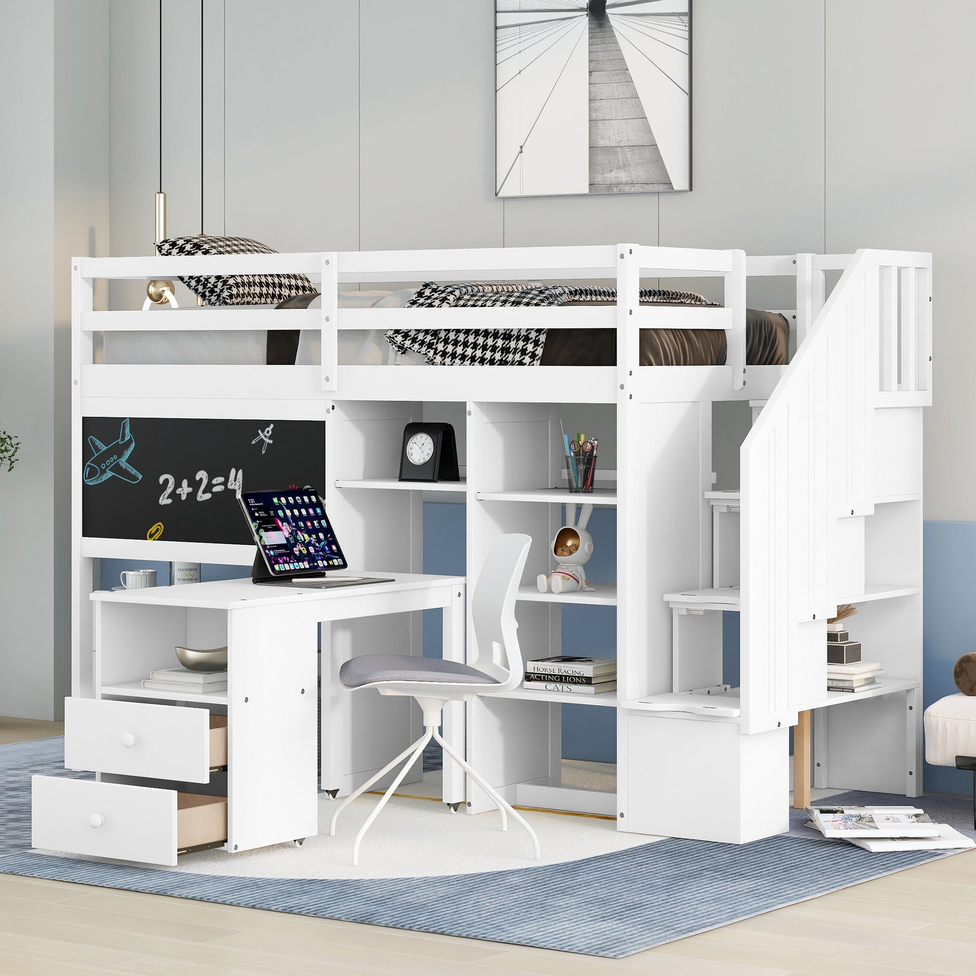 Twin Size Loft Bed With Pullable Desk And Storage Shelves,Staircase And Blackboard,White White Pine