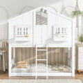 Twin Over Twin House Bunk Bed With Roofwindow, Window Box, Doorwith Safety Guardrails And Ladder,White Twin White Pine