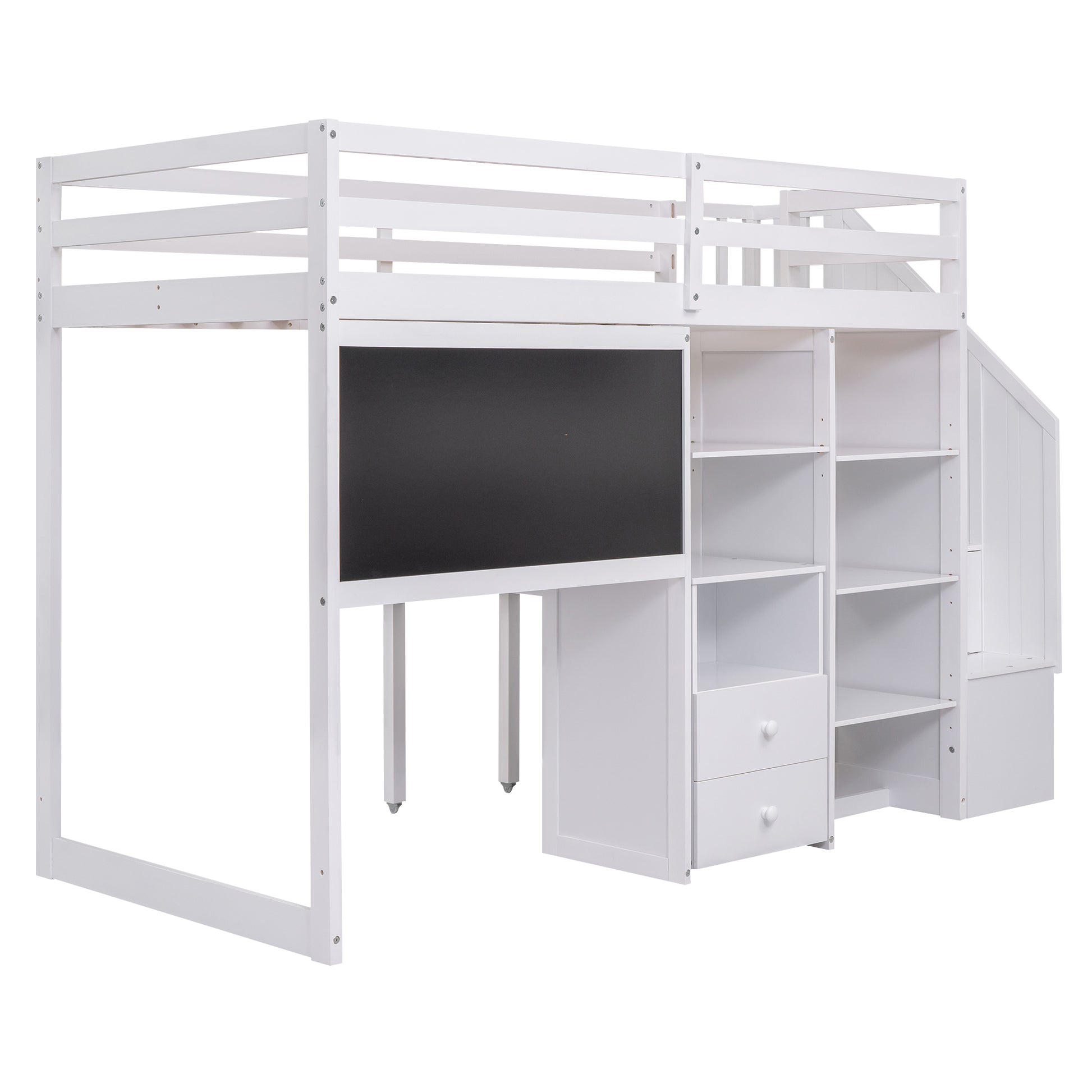 Twin Size Loft Bed With Pullable Desk And Storage Shelves,Staircase And Blackboard,White White Pine