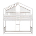 Twin Over Twin House Bunk Bed With Roofwindow, Window Box, Doorwith Safety Guardrails And Ladder,White Twin White Pine